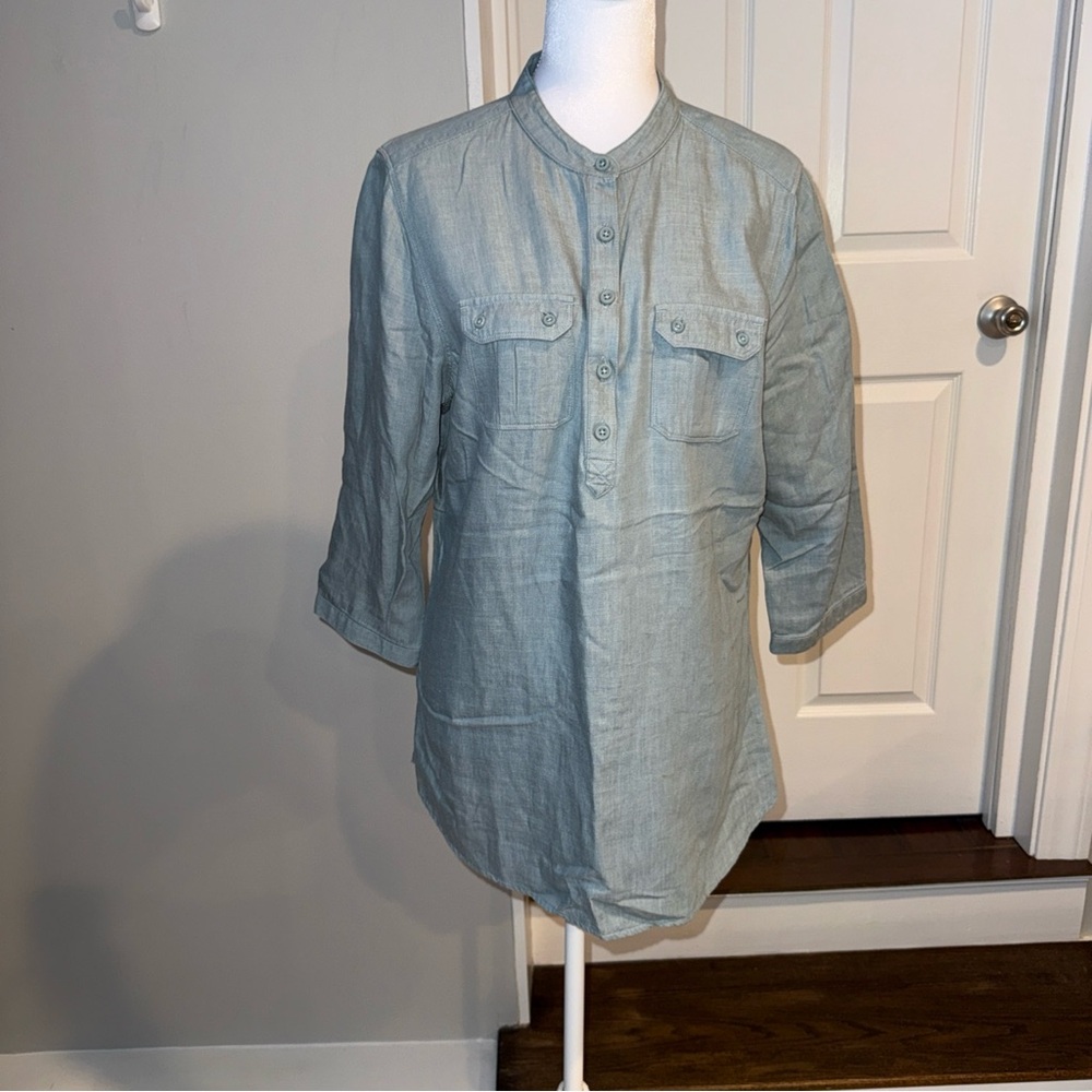 LL Bean Linen Lyocell Blend Top Tunic Pullover 3/4 Sleeves Light‎ Blue Buttons M
